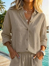 abordables Blouses Unies-Femmes Chemise Chemises en coton et lin Boutonner Chemisier Couleur Unie Basique Occasionnel manche longue Manche Évêque Col de chemise Hauts Réguliers Vacances Quotidien Patchwork Boutons Rose