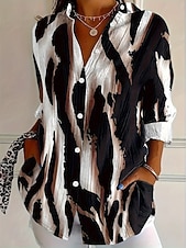 tanie Pasiaste i geometryczne bluzki-Damskie Koszula Bluzka Niejednolita całość Guziki Nadruk Graficzny Geometryczny Kratka Zabytkowe Tropikalny Codzienny Długi rękaw Kołnierzyk koszuli Zwykłe topy Codzienny Niebieski Czarny Biały Żółty