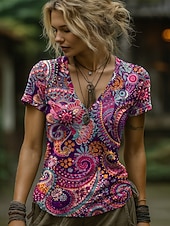 preiswerte Boho-T-Shirt-Damen T Shirt Druck Grafik Paisley-Muster Pflanzen Bohemien Vintage Stilvoll Kurzarm V Ausschnitt Lange Oberteile Täglich Ausgehen Wochenende Blau Schwarz Marineblau Braun Grün Sommer Frühling