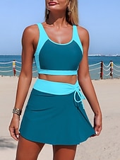 abordables Conjuntos de bikini-Mujer Bañadores Bikini 2 piezas Falda Traje de baño Control de barriga Alta cintura Delgado Espalda al Aire Vacaciones Ropa de playa Color sólido Camiseta con cuello redondo Sin Mangas Trajes de baño