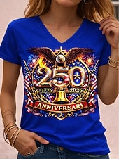 billige Uavhengighetsdag Topp-Uavhengighetsdagen Amerikansk Jubileum Patriotisk Dame T-skjorte Trykk Grafikk Flagg Vintage Stilig Klassisk Korte Ermer V-hals Vanlige topper Daglig Blå Sommer Vår