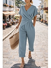 abordables Conjuntos de dos piezas-Mujer Conjuntos de pantalones parte superior del bolero Manga Corta Escote en Pico Plano Frunce Elegante Moda Ropa de calle Casual Diario Exterior Azul Piscina Caqui Beige Verano Ajuste regular