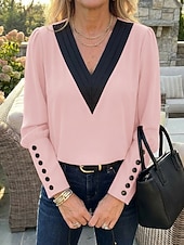 economico Bluse Semplici-Per donna Blusa Bottoni Blocco di colori Elegante Moderno Manica Lunga Manica a Lanterna Scollo a V Lavoro Bianco Rosa Rosso Beige Primavera Autunno