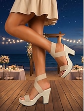 رخيصةأون ضيف حفل الزفاف-صنادل نسائية بيج اللون بكعب عريض ومنصة، أحذية رسمية مريحة بأشرطة متقاطعة مناسبة لحضور حفلات الزفاف على الشاطئ