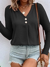 levne jednoduché tričko-Dámské Tričko Tlačítko Přední S texturou Pevná barva Módní Na běžné nošení Dlouhý rukáv Do V Dlouhé topy Denní Jdeme ven Tmavěhnědá Travní zelená Černá Bílá Rubínově červená Jaro Podzim