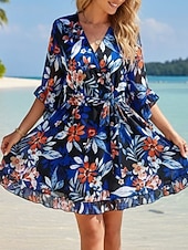 cheap Floral Dress-Women's Mini Dress A Line Dress Vacation Casual Outdoor Going out Regular Fit Floral 3/4 Length Sleeve V Neck Blue Summer Spring Fall