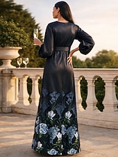  A-Line Floor Length Wedding Guest Dress Formal Dresses Evening Gown Mother of the Bride Dress Short Sleeve V Neck Elegant Vintage Wedding Formal Satin with Floral Print