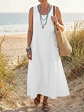 preiswerte Luxuskleider-Damen Midikleid Baumwoll-Leinen-Kleider Shiftkleid Sommerkleid Trägerkleid Elegant Mode Modern Täglich Outdoor Urlaub Lässiger Schnitt Einfach Ärmellos U-Ausschnitt Weiß Rosa Orange Khaki Sommer