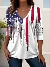  Ziua Independenței Americane Pentru femei Tricou Imprimeu Grafic Steagul american Epocă Stilat Clasic Manșon Lung În V Topuri obișnuite Zilnic Sfârșit de săptămână Alb / Albastru Alb Roșu / albastru
