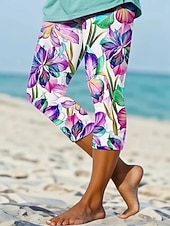 cheap Floral Print-Women's Capri Pants Leggings Vacation Vintage Fashion Capris Mid Waist Floral Graphic 3D Print Printing Comfort Soft Breathable High Elasticity Casual Daily Vacation Light Purple Summer Spring Slim