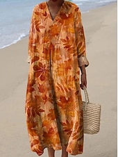 cheap Boho Dress-Women's Maxi Dress Shift Dress Vacation Casual Going out Loose Fit Floral Graphic Long Sleeve V Neck Blue Yellow Orange Light Blue-White Summer Spring