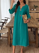 abordables Vestido Sencillo-Mujer Vestido Midi Vestido de cambio Vestido informal Vestido de Algodón Moda Moderno Diario Fin de semana Holgado Plano Manga Larga Escote en Pico Azul Piscina Blanco Rosa Verde Trébol Verano