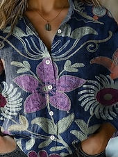 cheap Floral Blouses-Women's Shirt Faux Cotton Linen Buttons Print Floral Graphic Bohemia Active Vintage Long Sleeve Shirt Collar Regular Tops Daily Holiday Blue Summer Spring Fall