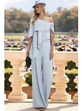 cheap Mom's Jumpsuits-Jumpsuits Floor Length Mother of the Bride Dress Short Sleeve Off Shoulder Elegant Formal Wedding Guest Wedding Party Chiffon with Ruffles