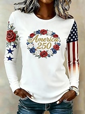  Camisa Patriótica de Día de la Independencia 250 Aniversario Americano para Mujeres Impresión Gráfica de Bandera Bandera Americana Estilo Clásico Casual Manga Larga Cuello Redondo Tops Regulares