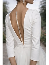 halpa Pienet valkoiset mekot-A-linja Polven yli Häämekot Morsiuspuvut Hääpuku Vintage 1940/1950-luku Valkoiset pikkumekot 3/4 hiha V kaula-aukko valmistuminen Syntymäpäivä Satiini Tylli kanssa Solid Color