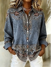 preiswerte Streifen- und geometrische Blusen-Damen Hemd Bluse Patchwork Knöpfe Druck Grafik Geometrisch Karomuster Vintage Tropisch Täglich Langarm V Ausschnitt Hemdkragen Lange Oberteile Täglich Strandbekleidung Urlaubskleidung Blau Schwarz