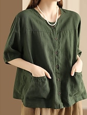 cheap Shirts-Women's Blouse Faux Linen Shirt Pocket Buttons Solid Color Daily Casual Half Sleeve Crew Neck Regular Tops Daily Black White Pink Brown Green Summer Spring