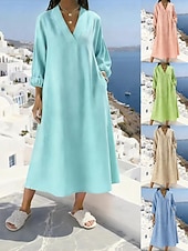 cheap Plain Dress-Women's Midi Dress Shift Dress Casual Dress Cotton Dress Fashion Modern Daily Weekend Loose Fit Plain Long Sleeve V Neck Blue Pink Green Khaki Summer Spring