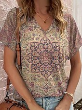 billige Boho t-skjorte-Dame T skjorte Trykt mønster Grafisk Geometrisk Paisly Årgang Stilfull Fritid Kortermet V-hals Vanlige topper Daglig Helg Ferieklær Blå Gul Vin Brun Sommer Vår