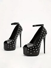 voordelige Open Teen Pumps-Zwarte stilettohakken met studs en plateauzool voor dames – stoere paaldansschoenen voor het nachtleven.