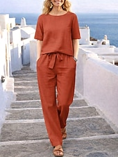 preiswerte Wesentliche Faux Co-ord Sets-Damen Hosen-Sets Bolero Kunstbaumwollleinen Kurzarm Rundhals Einfarbig Mode Streetwear Lässig Täglich Outdoor Blau Orange Grün Sommer Lässiger Schnitt