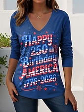  День независимости США Жен. Футболка С принтом Графика Американский флаг Винтаж Стиль На каждый день Длинный рукав V-образный вырез Обычные топы Повседневные выходные Синий Белый Темно синий