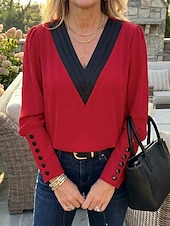 economico Bluse Semplici-Per donna Blusa Bottoni Blocco di colori Elegante Moderno Manica Lunga Manica a Lanterna Scollo a V Lavoro Bianco Rosa Rosso Beige Primavera Autunno
