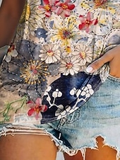 abordables T-shirt Boho-Mujer Camiseta Estampado Floral Pintada Bohemia Vintage Casual Manga Corta Escote en Pico Tops regulares Diario Azul Piscina Verano Primavera