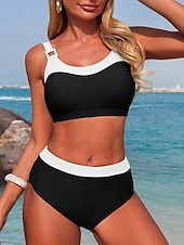 preiswerte Bikini-Sets-Damen Badeanzug Bikini Zweiteilig Slips Bademode Bauchkontrolle Hohe Taille Schlank Rückenfrei Urlaub Strandbekleidung Farbblock U-Ausschnitt Ärmellos Badeanzüge
