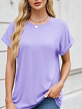 tanie gładka koszulka-Damskie Podkoszulek Koszulka Jednokolorowe Moda Elegancki Podstawowy Krótki rękaw Półgolf Zwykłe topy Codzienny Wyjściowe Weekend Czarny Rumiany róż Wino Fioletowy Zielony Lato Wiosna