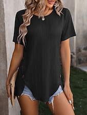 economico Bluse Semplici-Per donna Blusa Bottoni Tinta unica Elegante Casual Manica Corta Girocollo Top Regolari Quotidiano Verde salvia Nero Bianco Viola Fucsia Estate Primavera