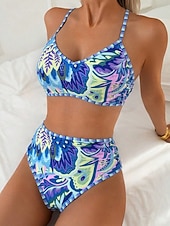 preiswerte Bikini-Sets-Damen Badeanzug Bikini Zweiteilig Slips Bademode Schlank Rückenfrei Urlaub Strandbekleidung Farbblock Rundausschnitt Ärmellos Badeanzüge