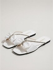 preiswerte Frauen-Weiße Strass-Schleifen-Sandalen für Damen – elegante, flache Pantoletten mit eckiger Zehenpartie und funkelnden Riemchen, ideal für tropische Resorts und zum Entspannen am Pool. &amp;Sommerferien