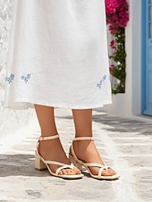 abordables Mujeres-Sandalias de tiras con tacón de bloque en color crema para mujer: elegantes zapatos con punta cuadrada y tira en el tobillo para resorts al aire libre, vacaciones de verano y bodas en la playa.