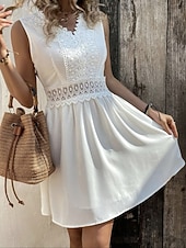 baratos Vestidos de renda branca-Mulheres Minivestido Vestido de renda Vestido branco Elegante Moda Moderno Ao ar livre Férias Para Noite Normal Tecido Sem Manga Decote V Preto Branco Verão Primavera