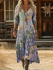 abordables Vestido Boho Étnico-Mujer Vestido largo maxi Vestido bohemio Vestido vintage Vestido informal Vintage Diario Exterior Vacaciones Ajuste regular Floral Manga Larga Escote en Pico Azul Piscina Morado Verde Trébol Gris