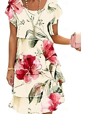 billiga Chiffongklänningar-Dam Midiklänning Sommarklänning Klänning med tryck Elegant Dagligen Normal Blommig Geometrisk Kortärmad Rund hals Ljusgul Ljusrosa Ljusrosa Dammig ros Sommar