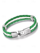 お買い得  聖パトリックの日-男性用のセントパトリックスデー編み込みフェイクレザーブレスレット、グリーンとホワイトの編み込みリストバンド、メタルクラスプ付き、男性用カジュアルアイリッシュスタイルジュエリー、ホリデーパレード、パーティー、お祭りの装いに最適