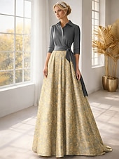 halpa Lattian pituus-A-linja Kokopitkä Paitamekko Häävieraspuku Muodollinen mekko Morsiammen äidin asu Pitkähihainen Paitapuserokaula-aukko Tyylikäs Vintage Häät Muodollinen Nylon kanssa Kukkapainatus Rusetti(rusetit