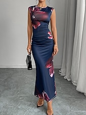 voordelige Bloemenjurk-Dames Maxi-jurk Satijnen Jurk Bodycon Bloemetjesjurk Jurk met print Elegant Modieus Modern Buiten Vakantie Feest Normale pasvorm Bloemig Mouwloos Strakke ronde hals Marineblauw Zomer Lente