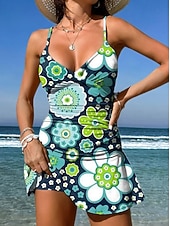 levne Tankiny-Dámské Plavky Jeden kus Sukně Plavky Elegantní prázdniny Květinový Grafika Do V Bez rukávů Plavky