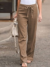 billiga Raka byxor-Dam Brett skaft Långbyxor Casual byxor Semester Mode Streetwear Fullängd Hög midja Slät Snörning Ficka Elastisk midja Komfort Oelastisk Dagligen Semester Gata Svart Vit Marinblå Grön Sommar Vår Höst