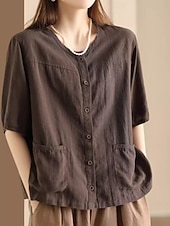 cheap Shirts-Women's Blouse Faux Linen Shirt Pocket Buttons Solid Color Daily Casual Half Sleeve Crew Neck Regular Tops Daily Black White Pink Brown Green Summer Spring