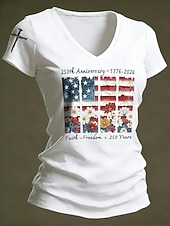  Dia da Independência Americana Mulheres Camiseta Imprimir Gráfico Bandeira à moda Casual Manga Curta Decote V Tops regulares Diário Preto Branco Vermelho Verão Primavera