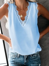 preiswerte Schicke Blusen-Damen Tank Top Bluse Spitzentops Ärmelloses Shirt Patchwork Knöpfe Einfach Stilvoll Klassisch Modern Ärmellos V Ausschnitt Normale Oberteile Täglich Ferien Ausgehen Rosa Himmelblau Aprikose Sommer