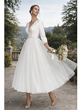 halpa Pienet valkoiset mekot-A-linja Polven yli Häämekot Morsiuspuvut Hääpuku Vintage 1940/1950-luku Valkoiset pikkumekot 3/4 hiha V kaula-aukko valmistuminen Syntymäpäivä Satiini Tylli kanssa Solid Color