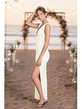 cheap Little White Dresses-Sheath Column Floor Length White Dress Little White Dress Elegant Open Back Sleeveless V Neck Evening Party Wedding Stretch Fabric Backless with Ruched Slit