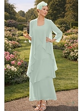 cheap Mom's Dress Sets-Sheath Column Ankle Length Wedding Guest Dress Mother of the Bride Dress Sleeveless V Neck Elegant Simple Wedding Guest Semi Formal Chiffon with Tier Solid Color