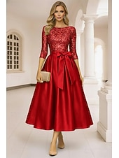  A-linja Polven yli Cocktailmekot Tyylikäs 3/4 hiha Venekaula-aukko Puutarhajuhlat Häät Tafti Paljetein koristeltu kanssa Rusetti(rusetit) Laskokset